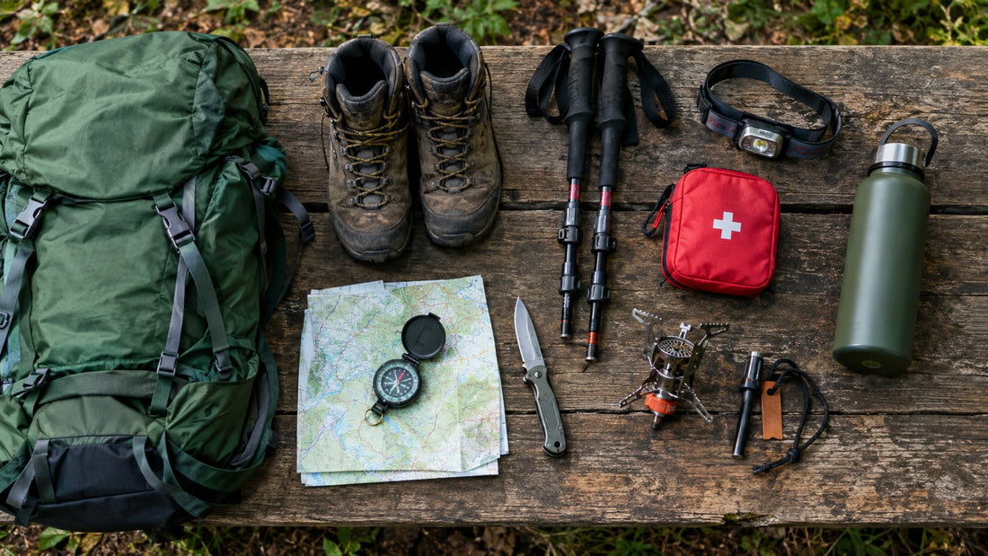 Flat lay of essential hiking gear on a weathered wooden table: backpack