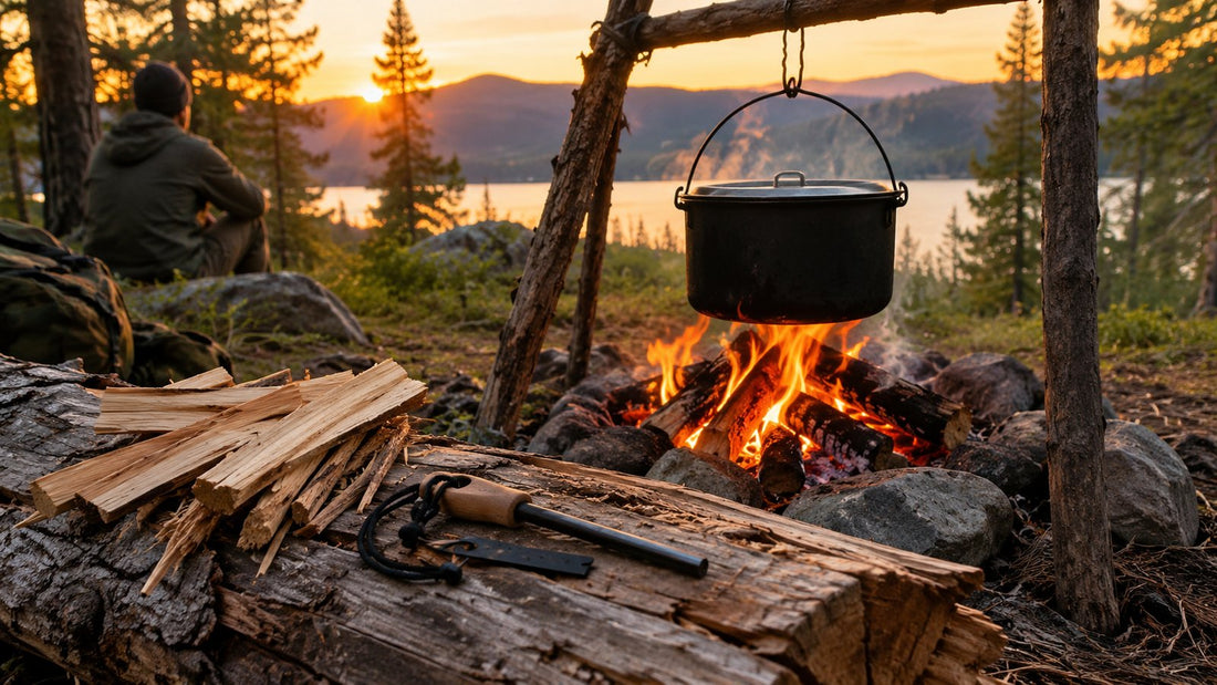 Camp cooking pot hanging over a small campfire in a forest clearing at golden hour