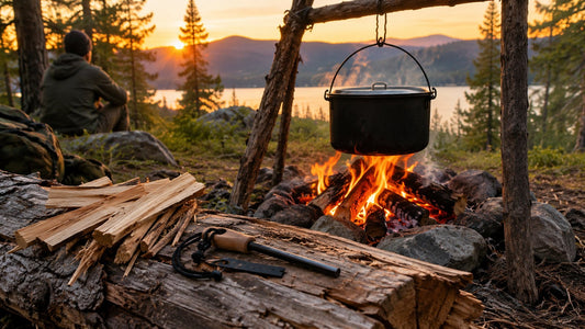 Camp cooking pot hanging over a small campfire in a forest clearing at golden hour