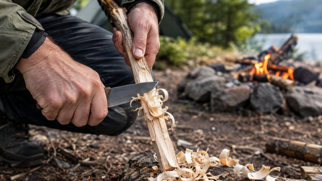 Hands using a fixed-blade knife to shave a feather stick from a piece of dry wood