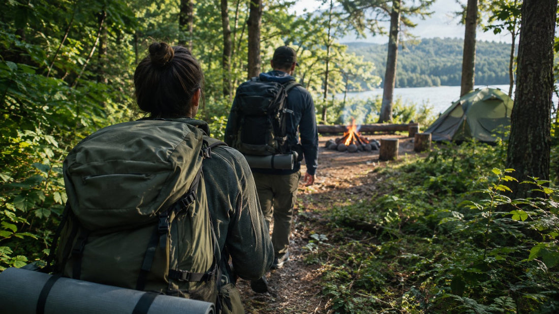 Two backpackers walking a lush green forest trail toward a campsite with a small campfire