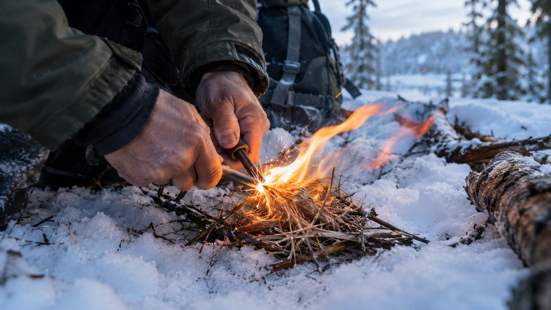 Hands lighting a bundle of tinder in the snow with a fire starter