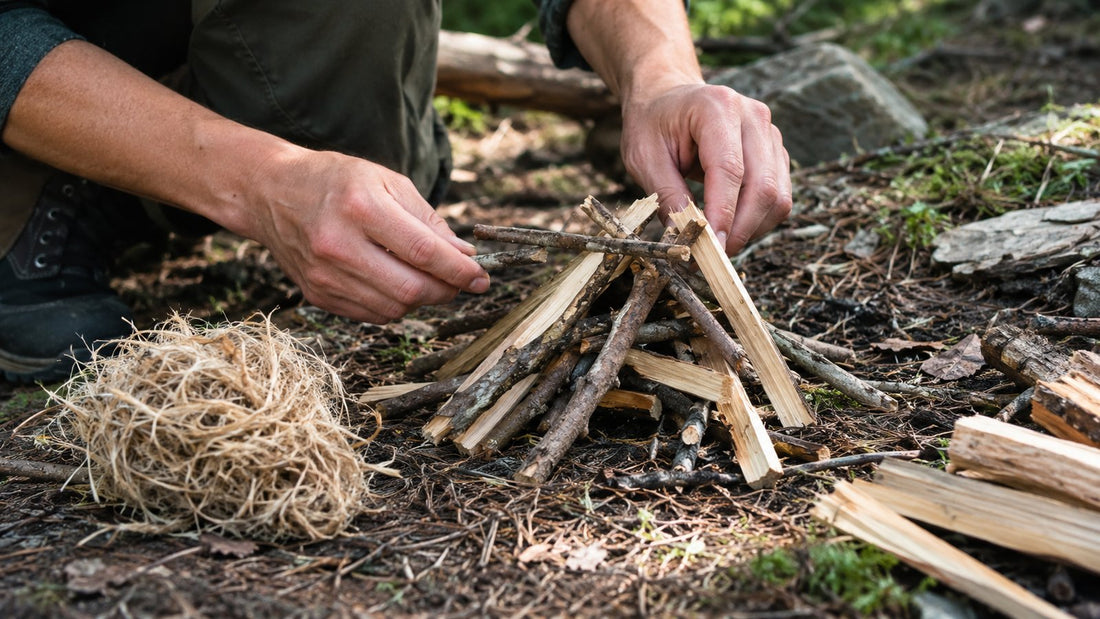 Person building a small fire lay of twigs and split kindling in a forest clearing