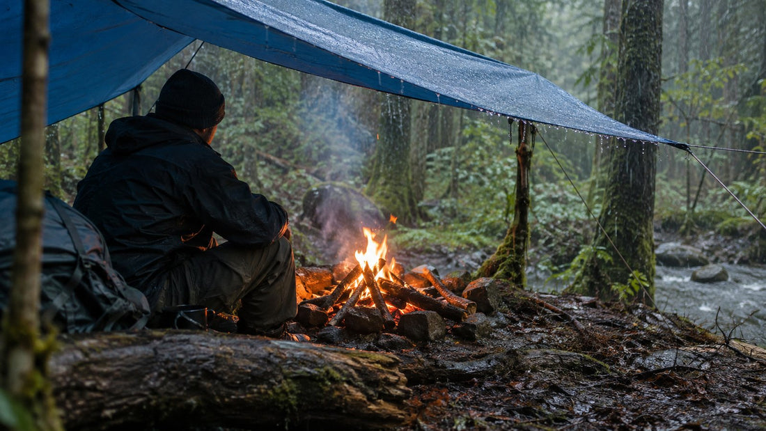Campfire burning under a blue tarp shelter in a rainy forest