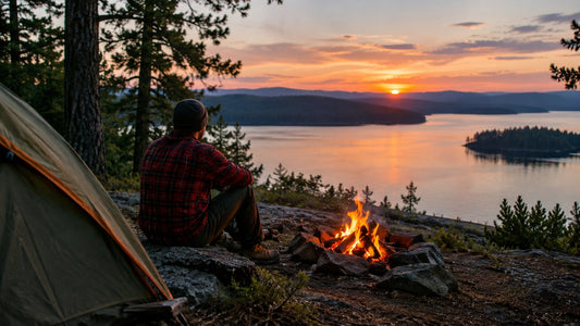 Camper in a red flannel shirt sitting by a tent and a small campfire at dusk overlooking a lake