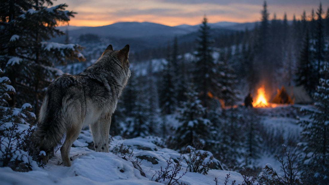 Gray wolf standing in a snowy forest at dusk looking toward a distant campfire glow