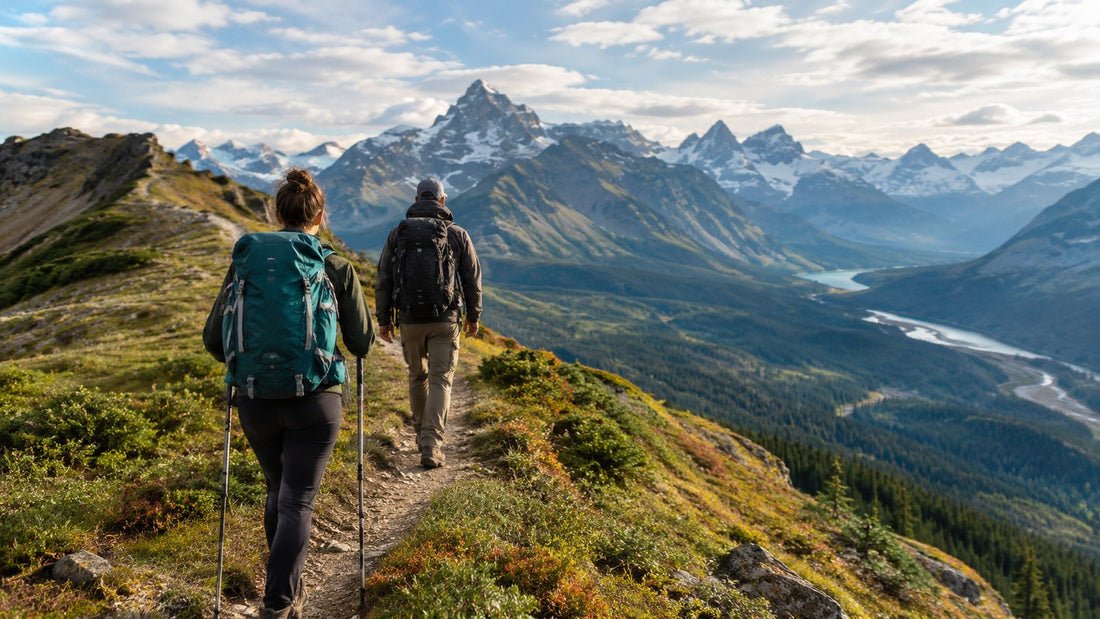 Two hikers with backpacks walking a mountain ridge trail toward a wide valley