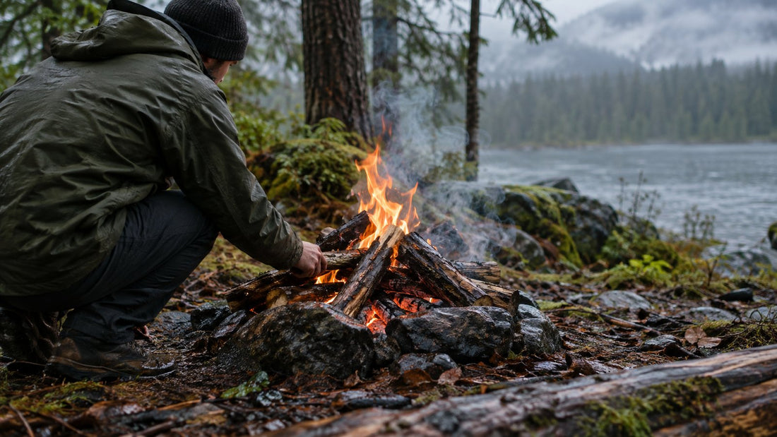 Campfire burning on a wet forest floor with damp logs steaming