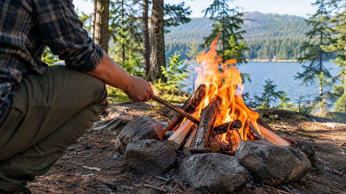 Clean-burning campfire with bright flames and almost no smoke in a forest clearing