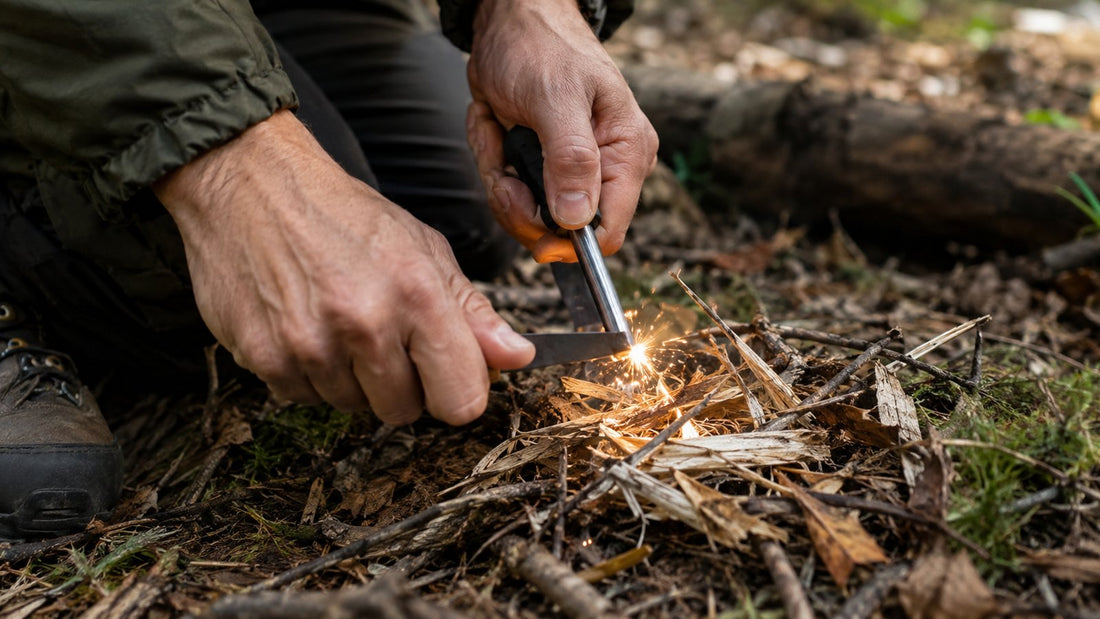 Hands striking a ferro rod over dry tinder in the forest