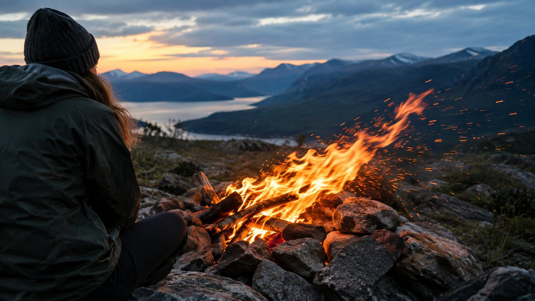 Campfire flames bent sideways by strong wind at a rocky campsite at dusk
