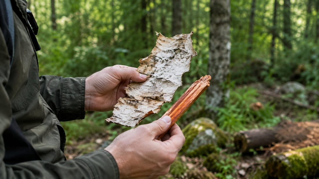Person in a green forest holding a strip of dry birch bark and a stick of resinous fatwood