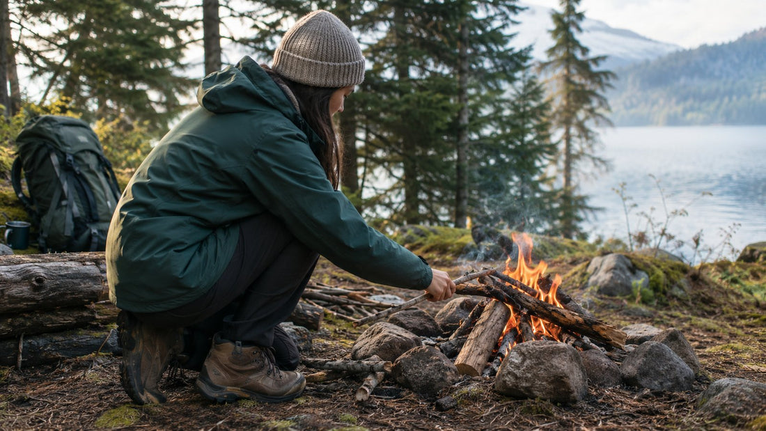 Hiker in a knit hat kneeling by a campfire in the forest adding sticks