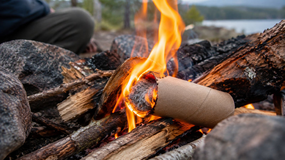Close-up of a cardboard tube stuffed with dryer lint burning in a campfire