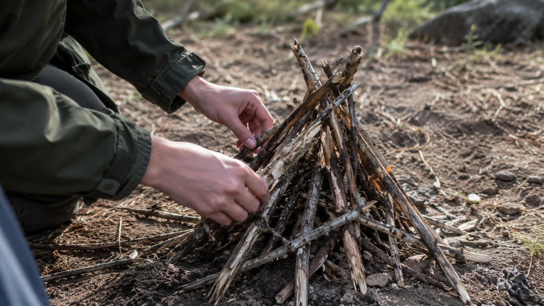 Hands arranging small sticks into a teepee fire lay on bare ground at a campsite