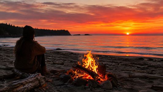 Campfire burning on a beach at sunset