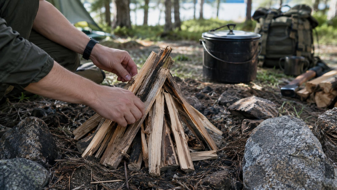 Hands arranging kindling sticks into a teepee at a campsite with a cooking pot and gear in the background