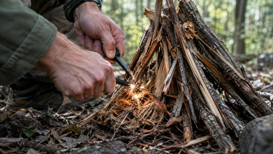 Hands striking a ferro rod into a pile of dry tinder inside a kindling teepee