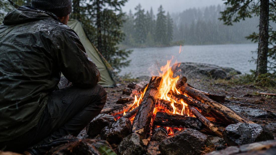 Campfire burning strongly in light rain