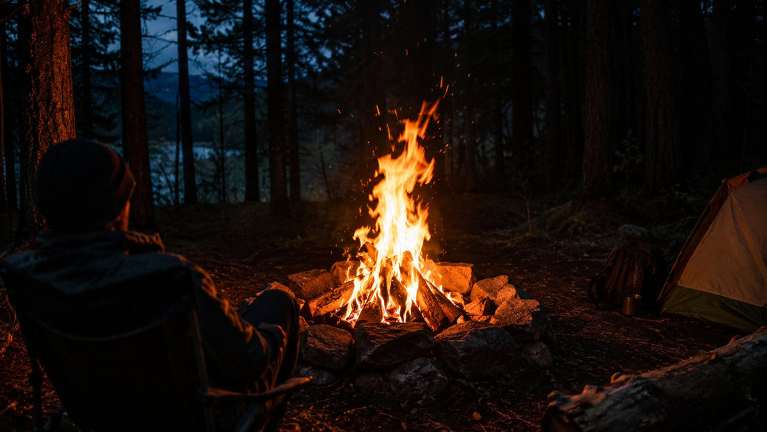 Campfire with tall flames burning in a stone ring in a dark forest at night