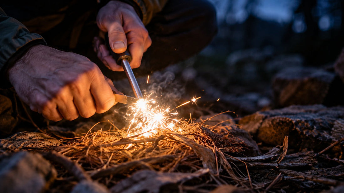Close-up of hands striking a ferro rod with a bright spray of sparks at night