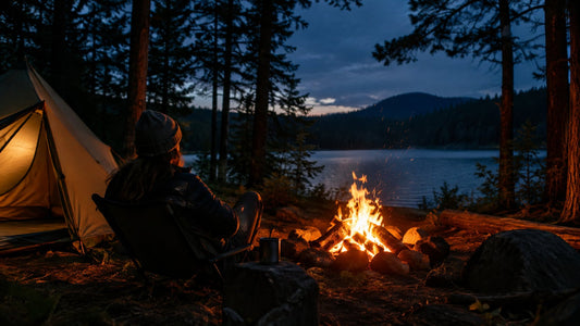 Campfire burning at night at a forest campsite