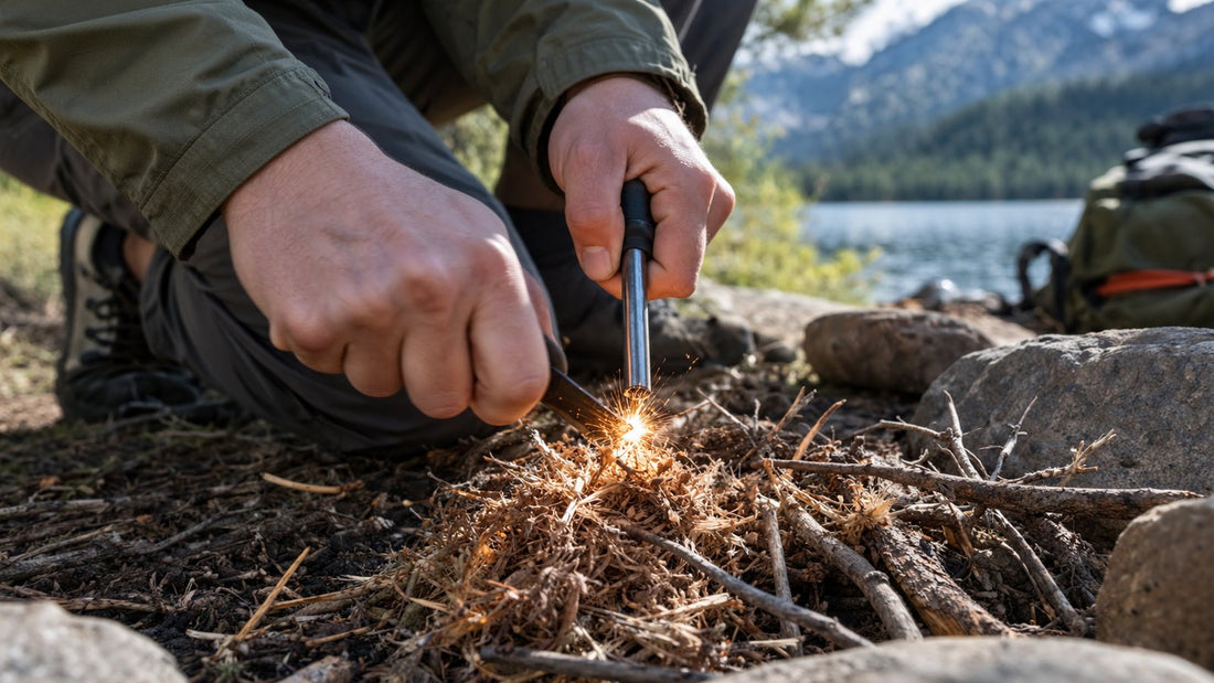Close-up of hands lighting a tinder stick with sparks from a ferro rod at a campsite