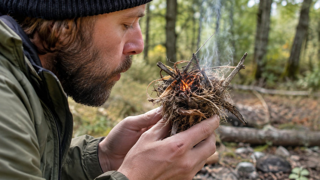 Person blowing gently on a glowing ember in a tinder bundle held in their hands