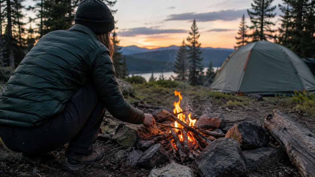 Small campfire beginning to burn in a forest clearing with a tent in the background