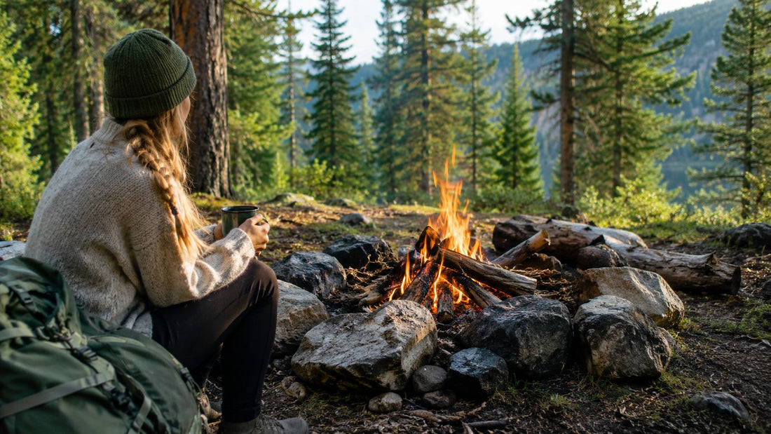 Campfire in a stone ring on the forest floor with a dense pine forest behind