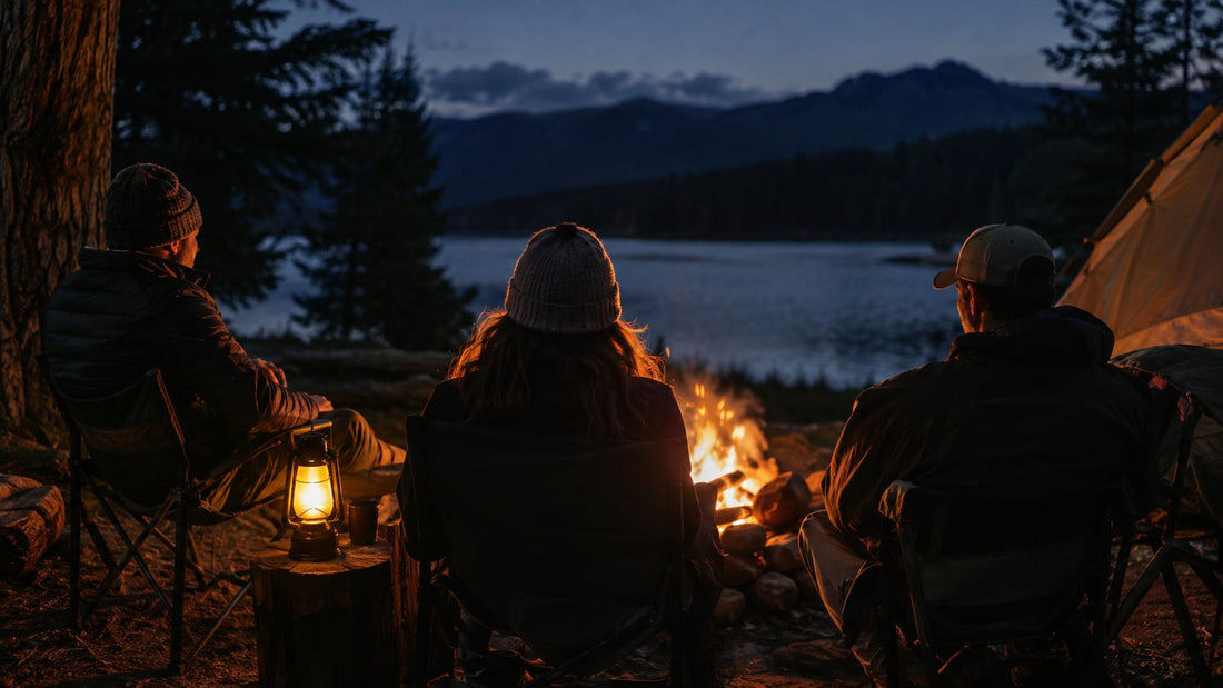 Campers sitting around a campfire at night with a lantern