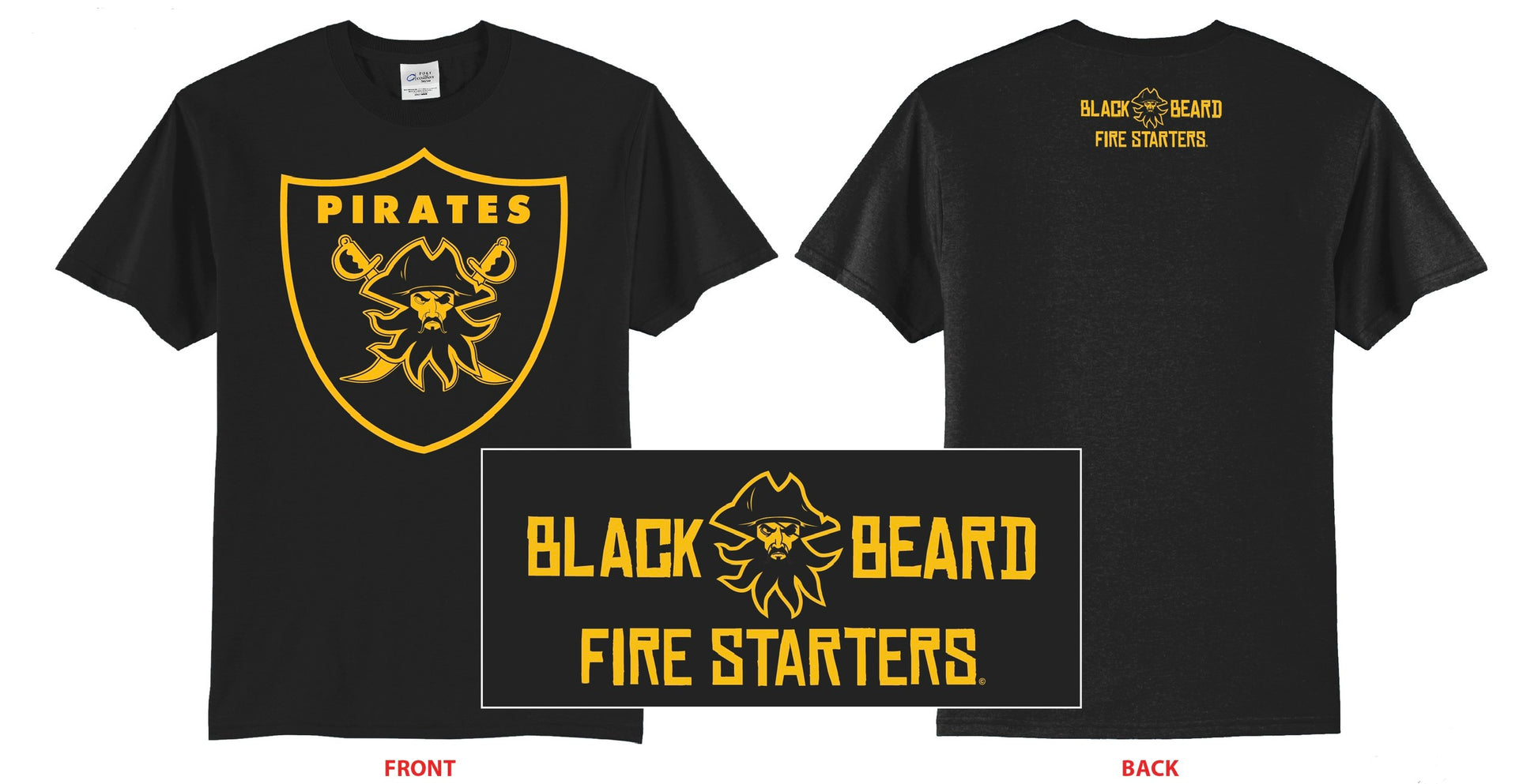 Black Beard Fire Pirates Black T-Shirt | Front and Back